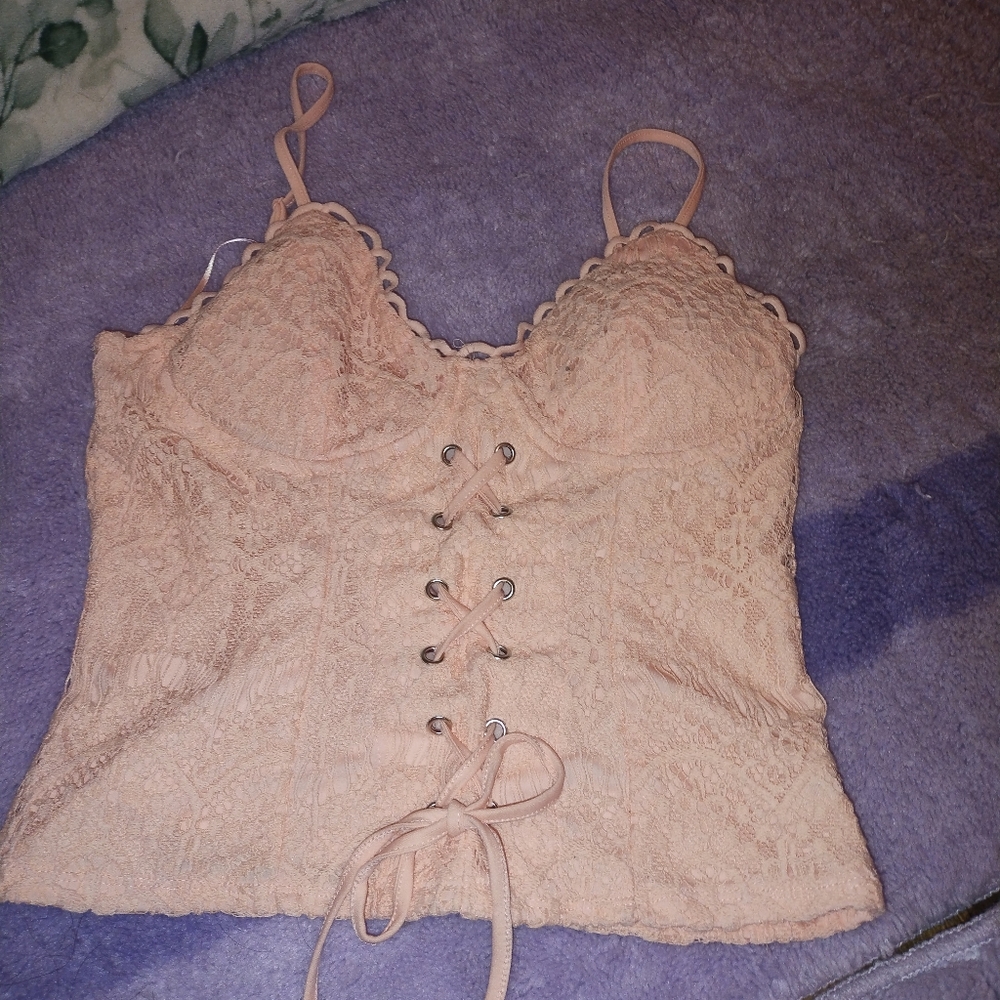 ~Final⭐~Lily White Peach Lace-Up Top with Scalloped Edging